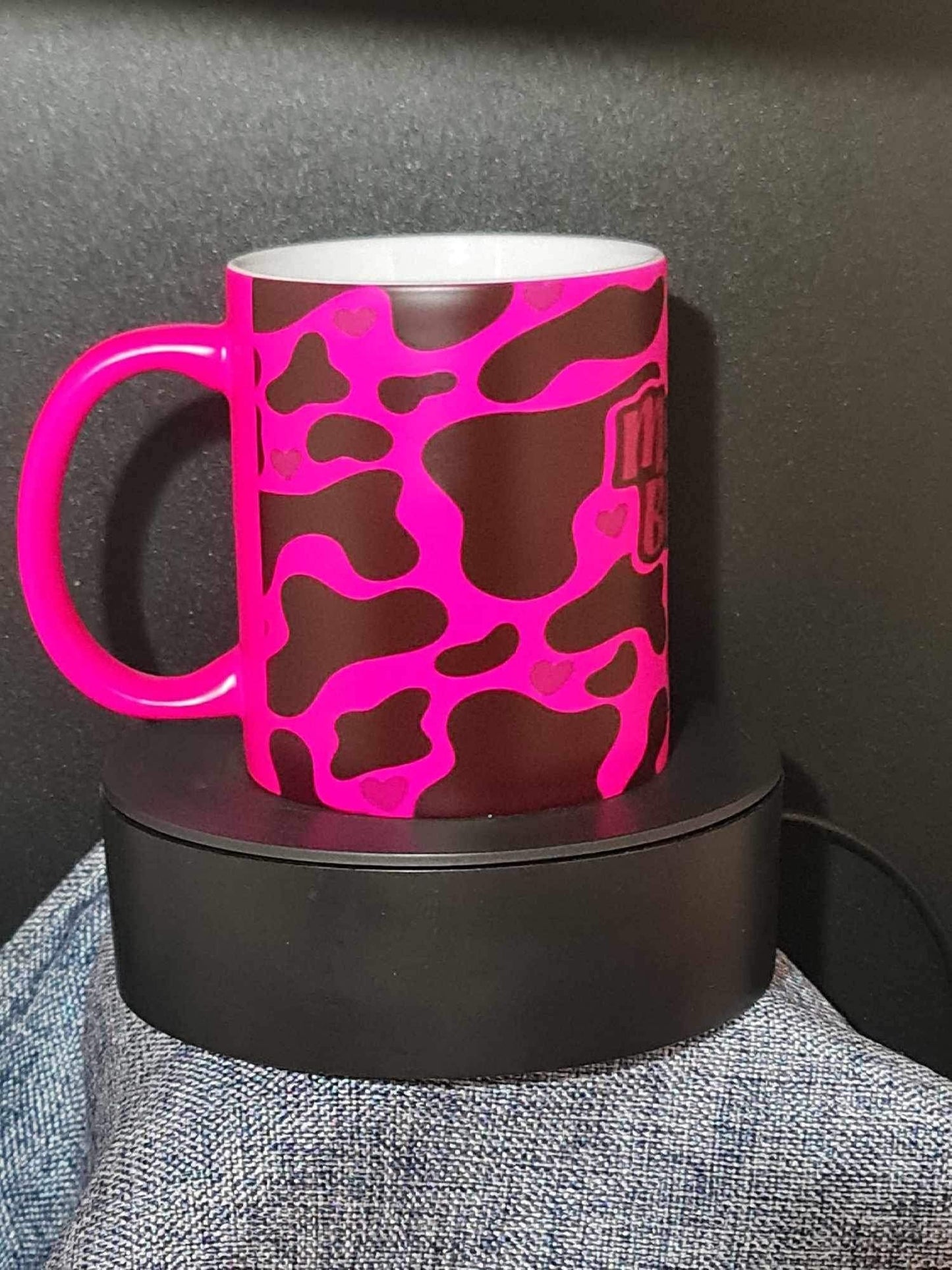 11oz moody cow print bright pink mug