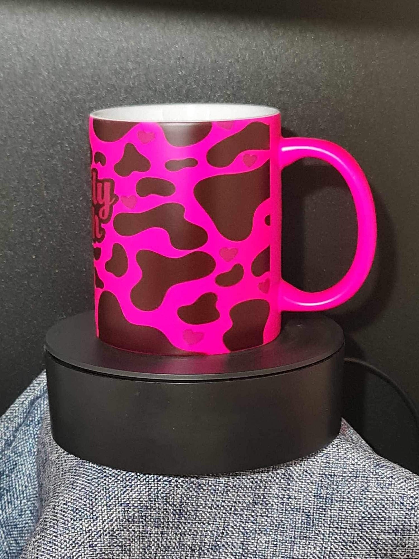 11oz moody cow print bright pink mug