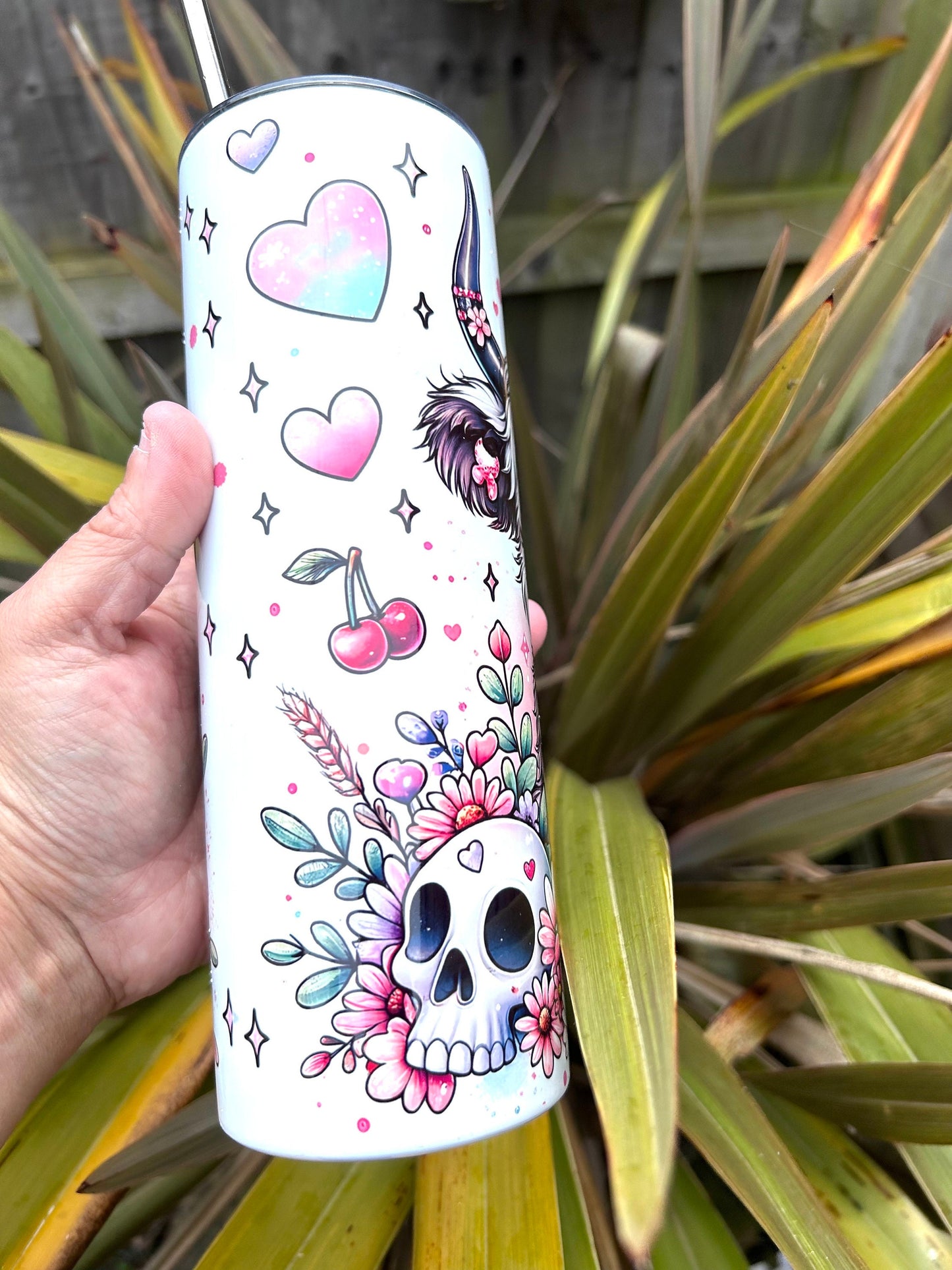 20oz skeleton highland cow tumbler and straw