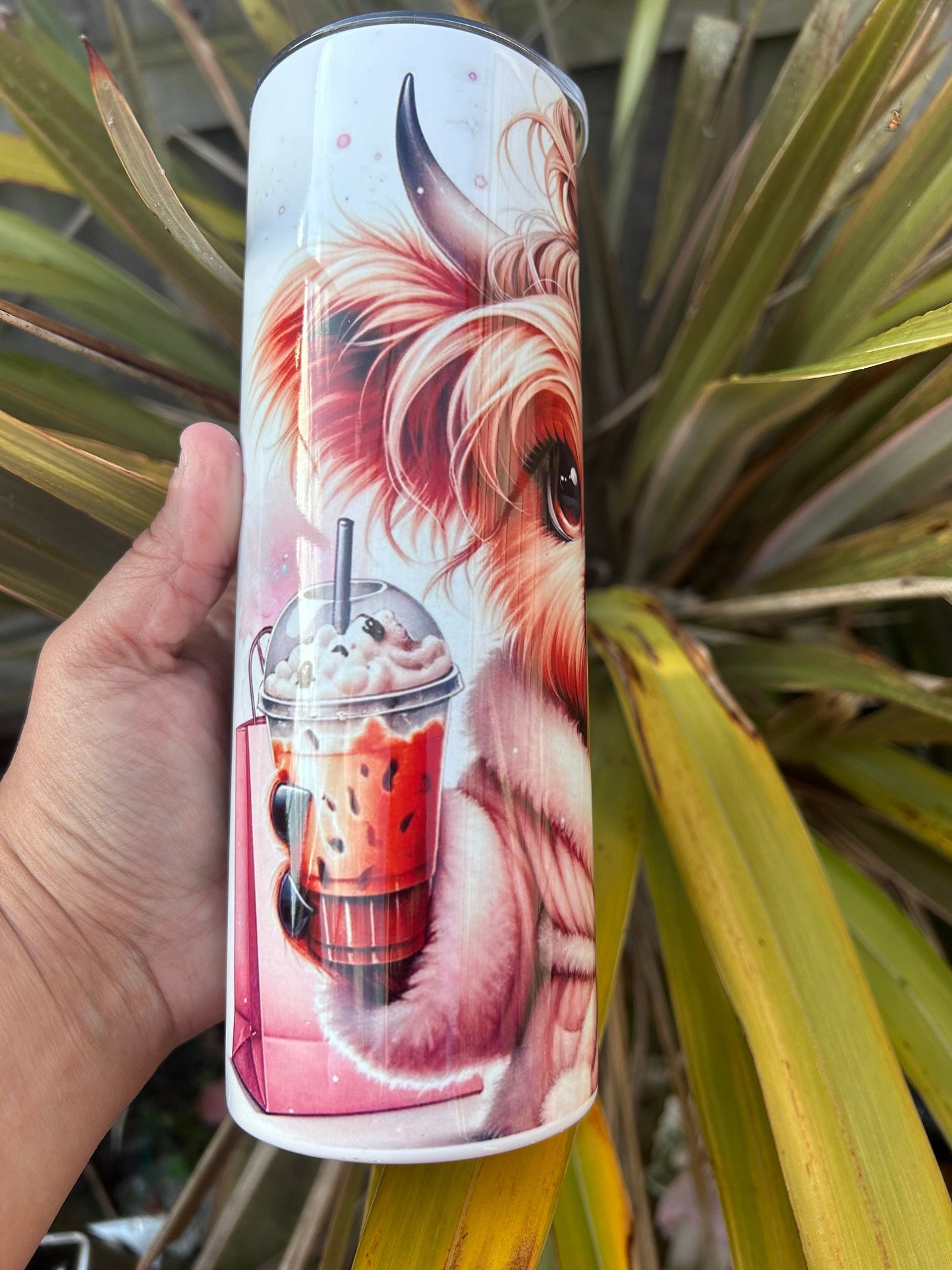 20oz Messy Bun Highland Cow tumbler and straw