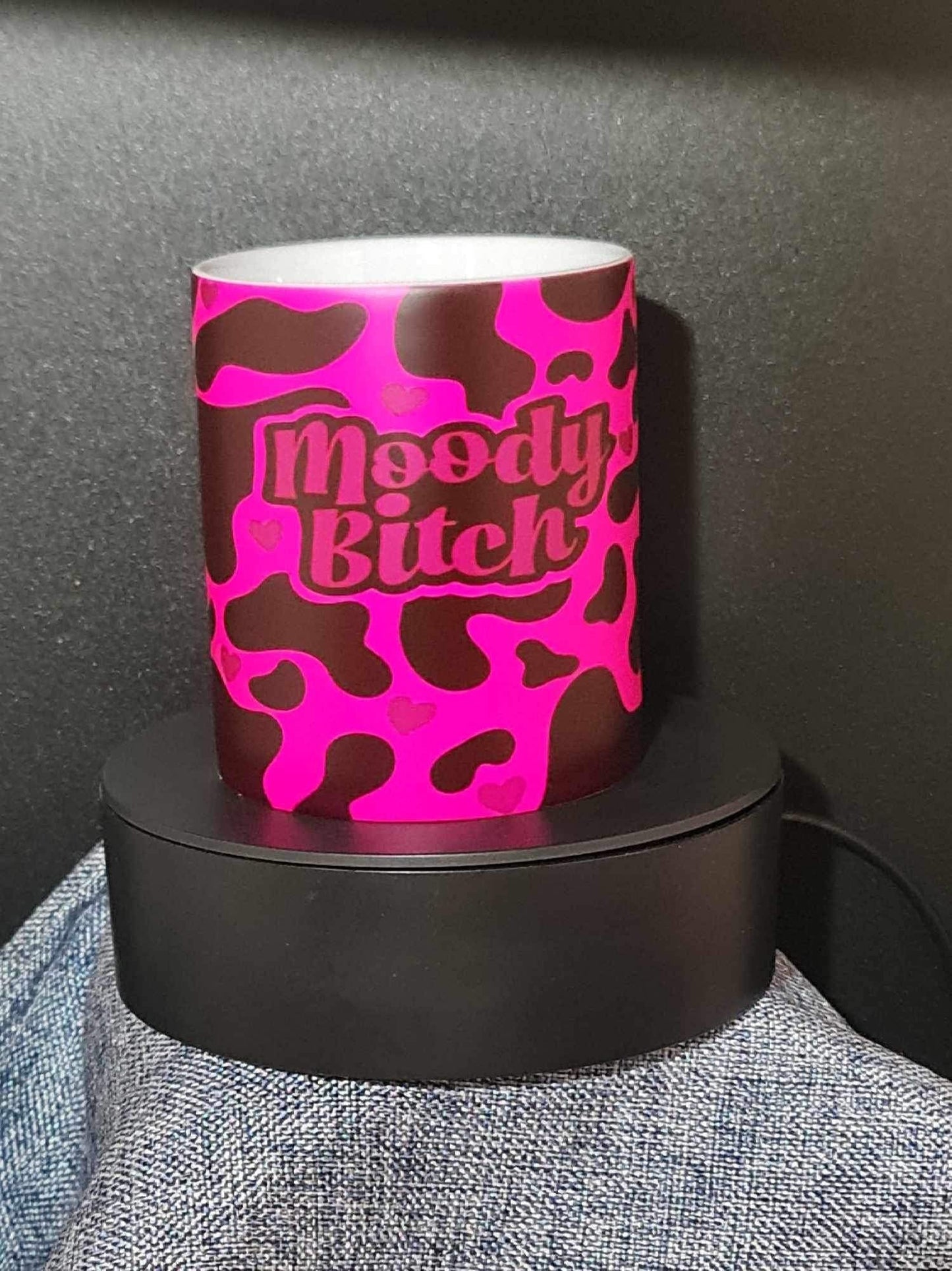 11oz moody cow print bright pink mug