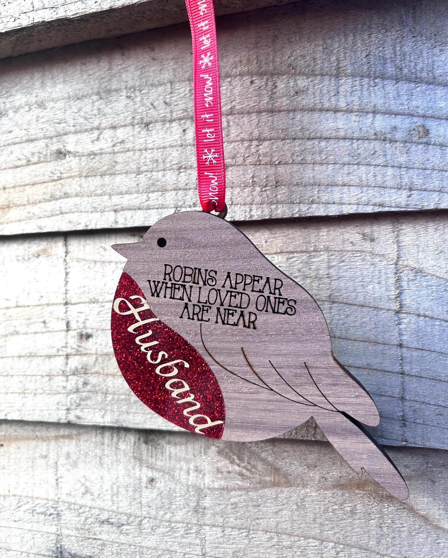 Personalised wooden robin Christmas tree ornament