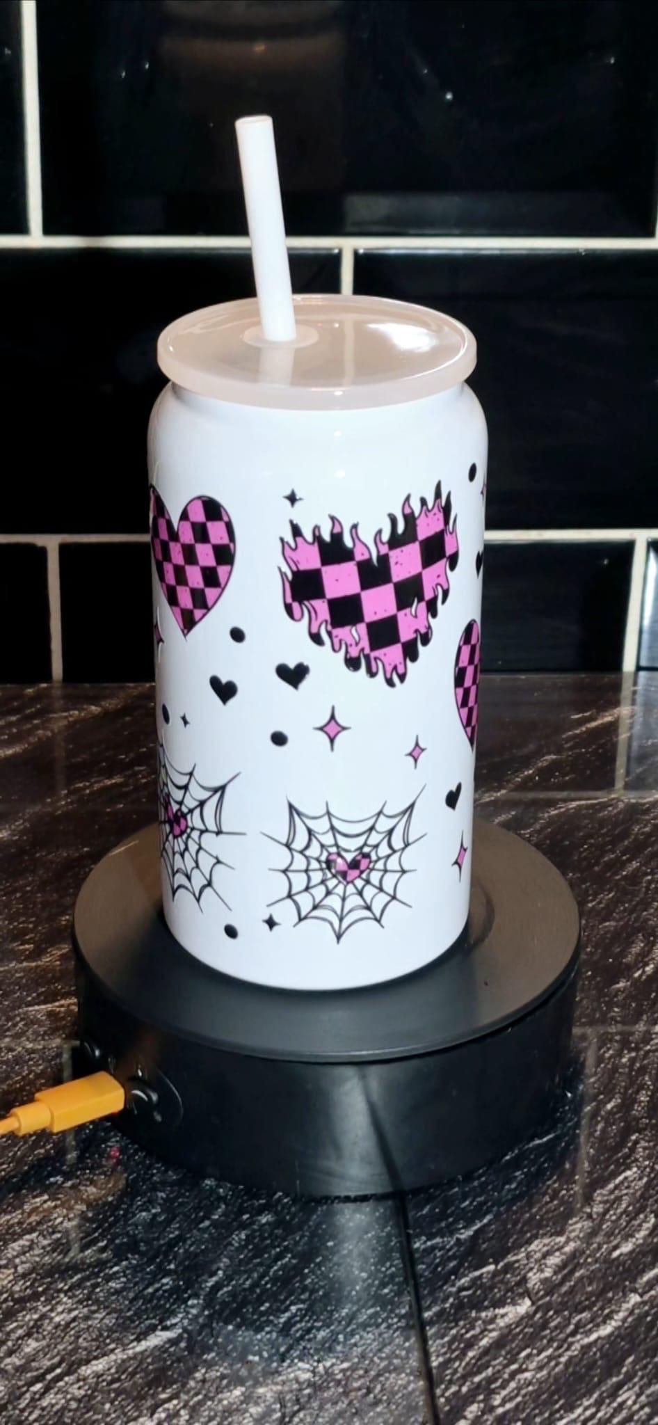 White checkerboard love heart glass Libby can and straw