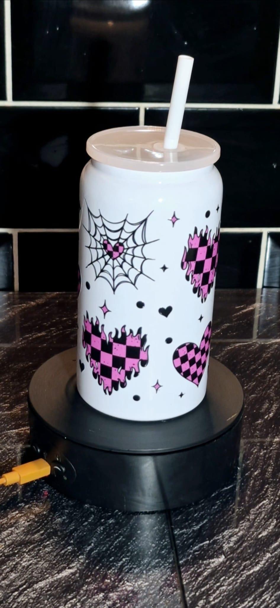 White checkerboard love heart glass Libby can and straw