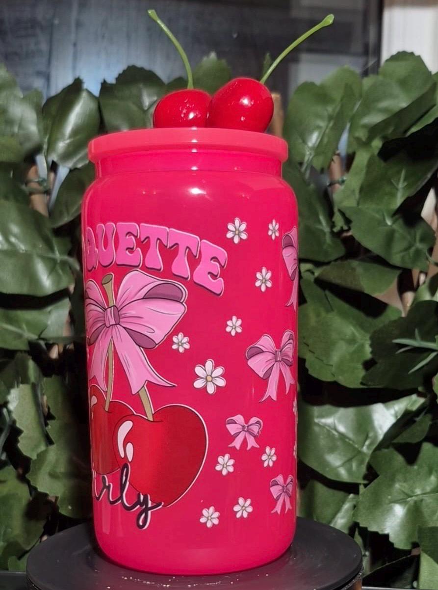 Bright Pink glass cherrys & bows coquette girly Libby can and straw