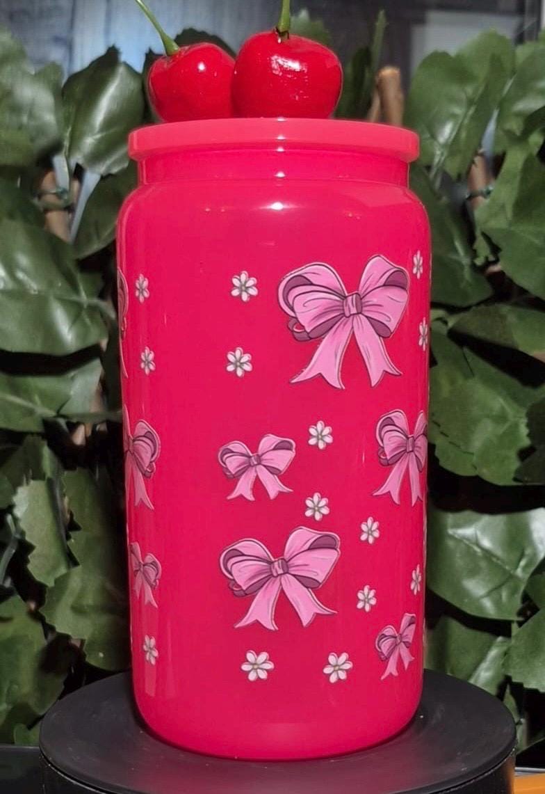 Bright Pink glass cherrys & bows coquette girly Libby can and straw