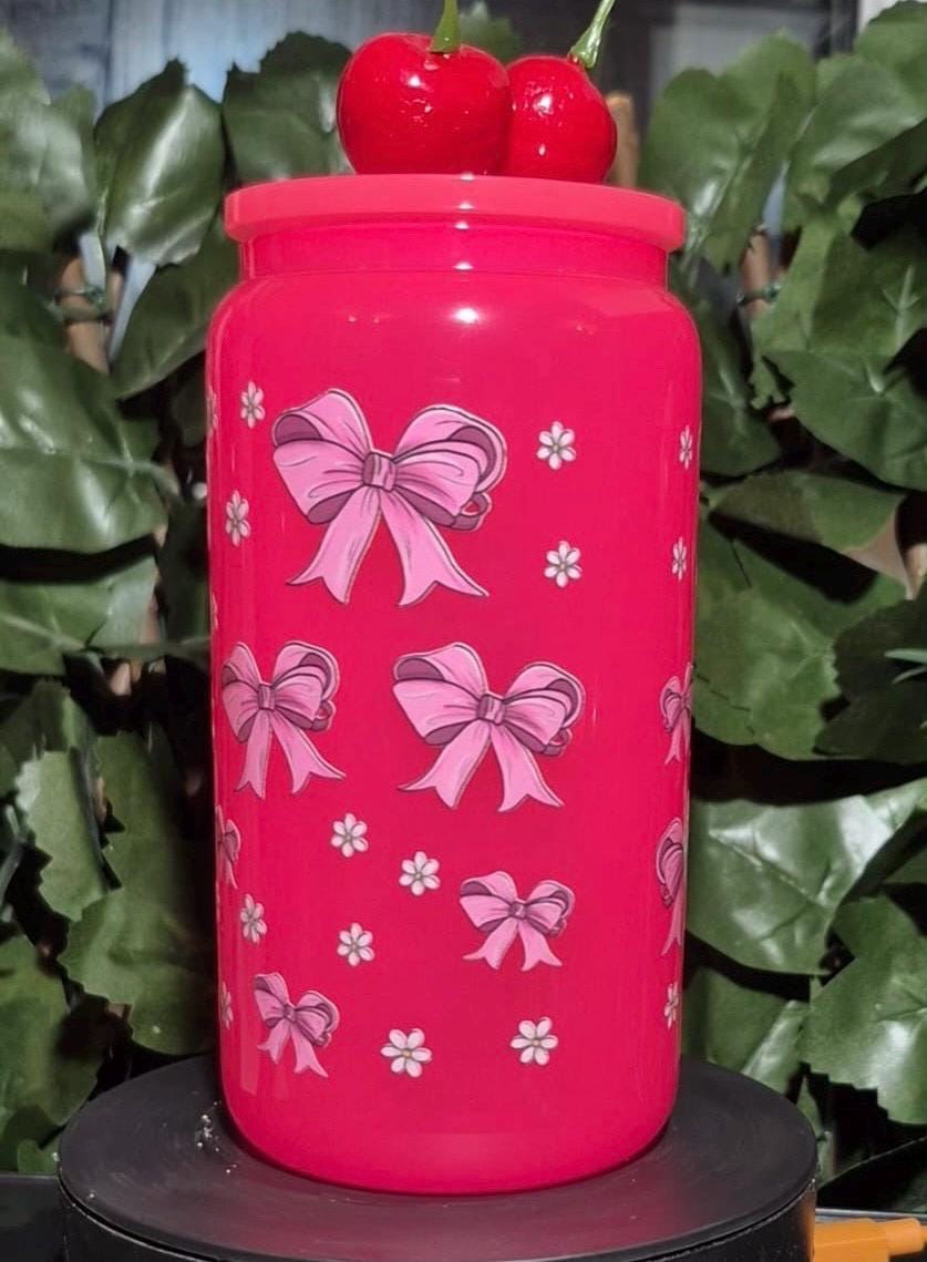 Bright Pink glass cherrys & bows coquette girly Libby can and straw