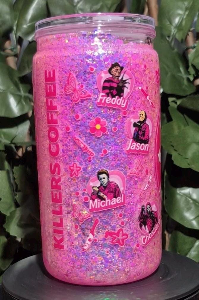 Pink glitter scream, ghost face snowglobe can and straw