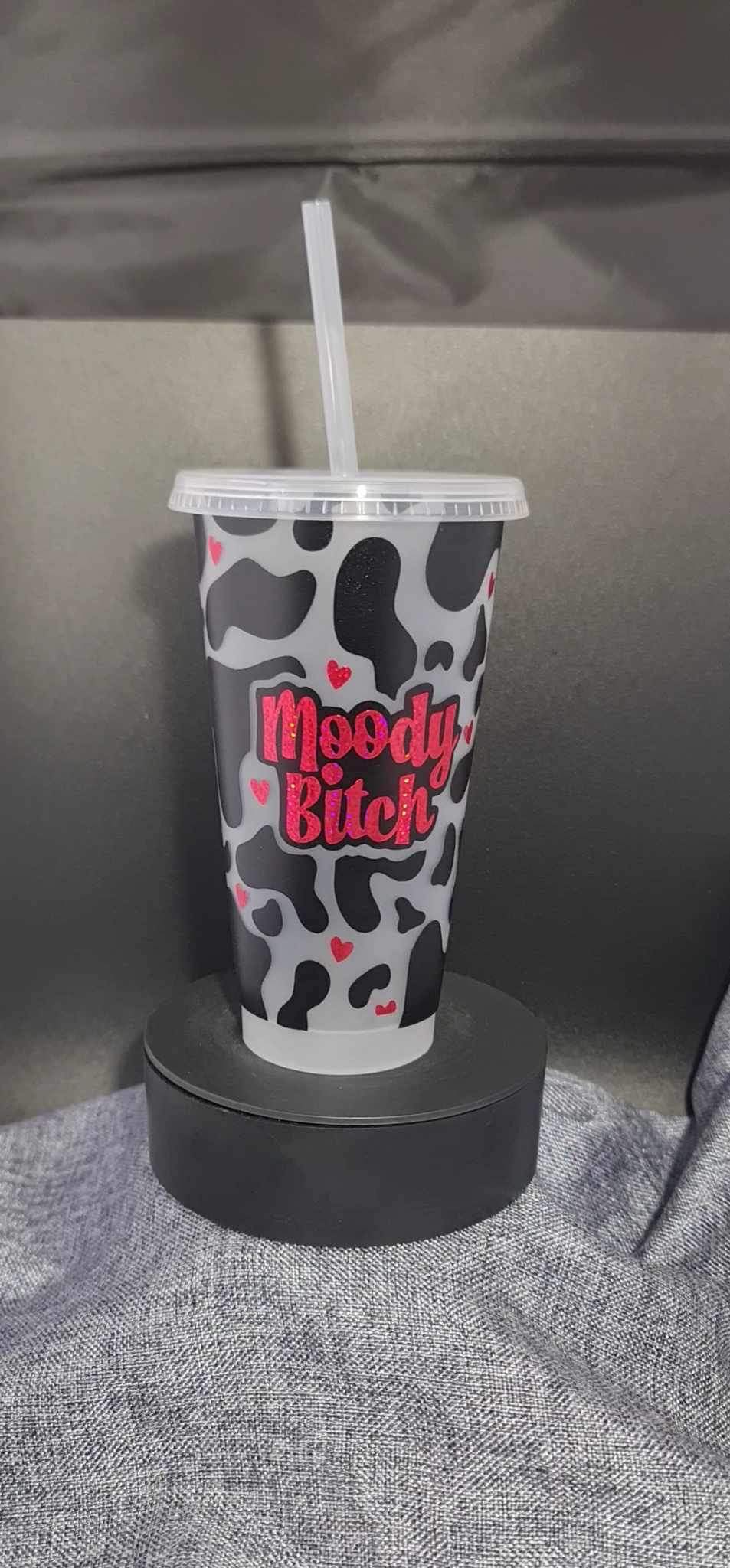 24oz Moody Bitch Cow Print Cold Cup and Straw