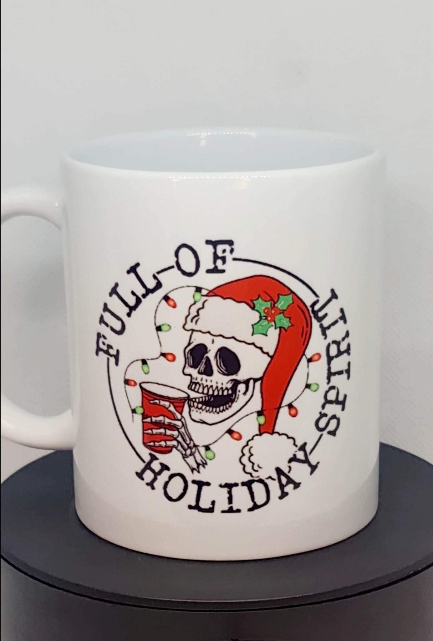 Full of Christmas holiday spirit, skull, Christmas mug