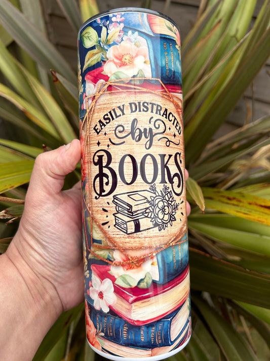 20oz Easily Distracted by Books tumbler and straw