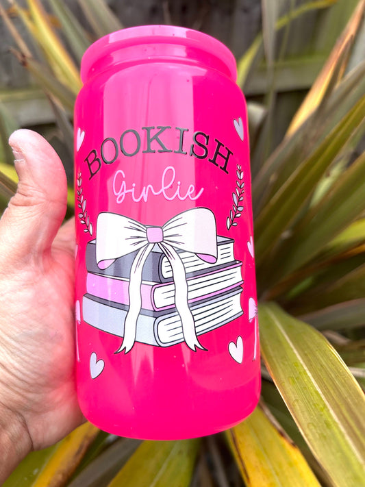 Bright Pink glass bookish Libby can and straw