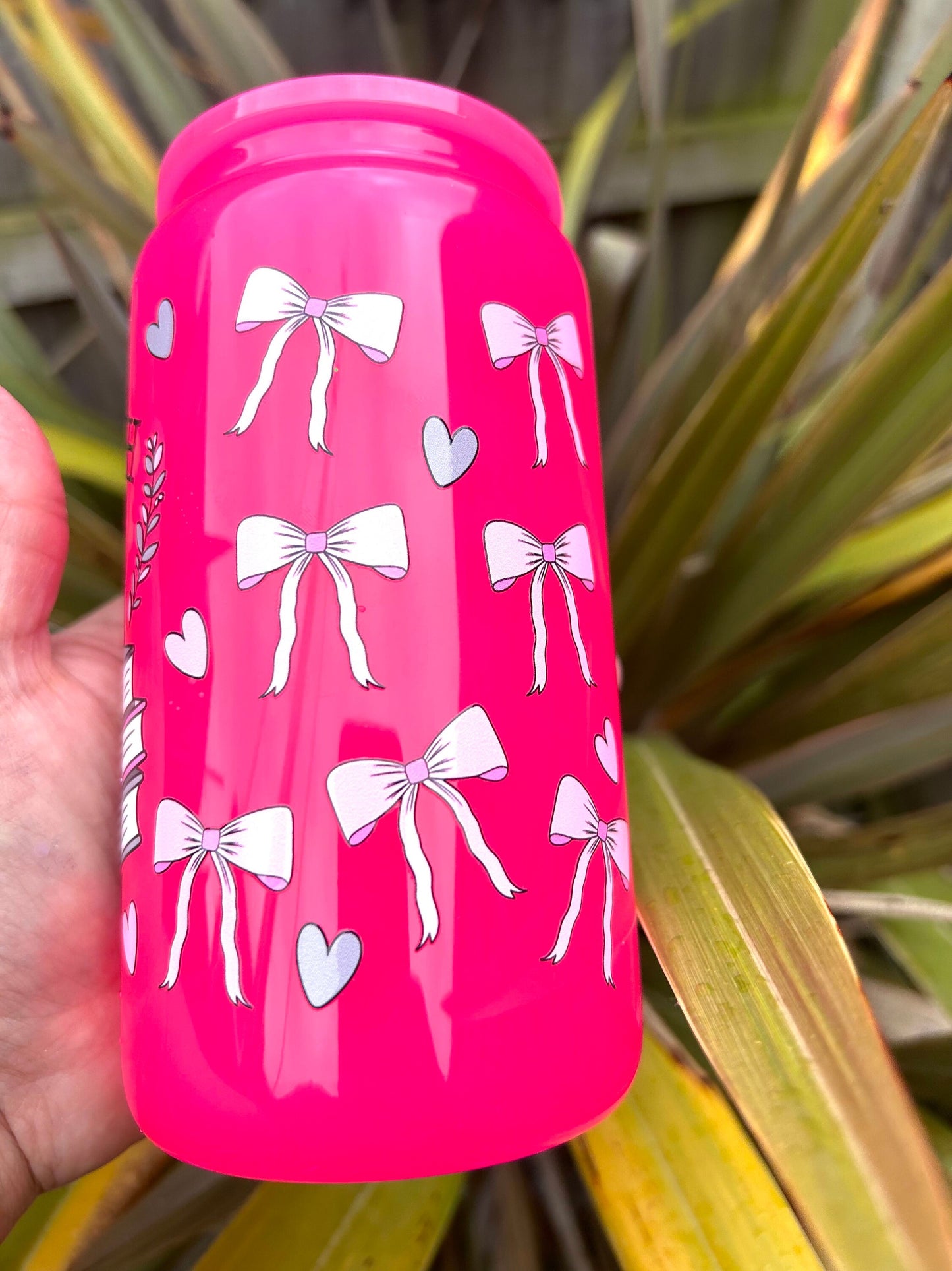 Bright Pink glass bookish Libby can and straw