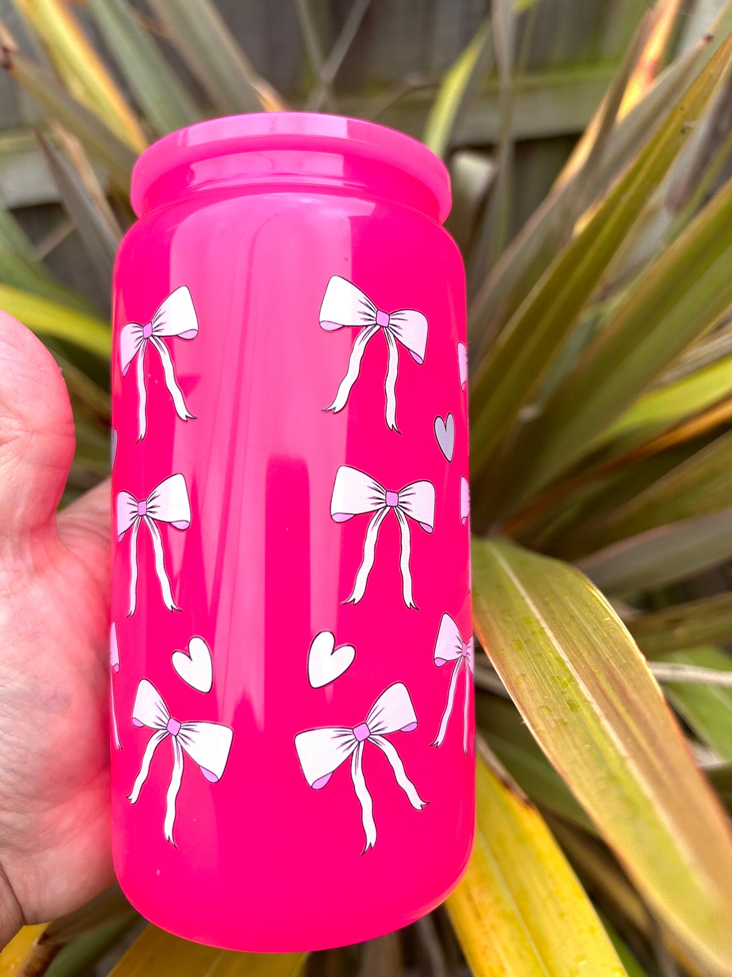 Bright Pink glass bookish Libby can and straw