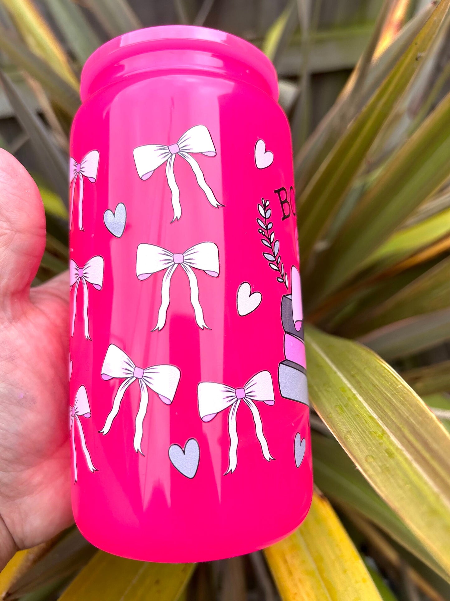 Bright Pink glass bookish Libby can and straw
