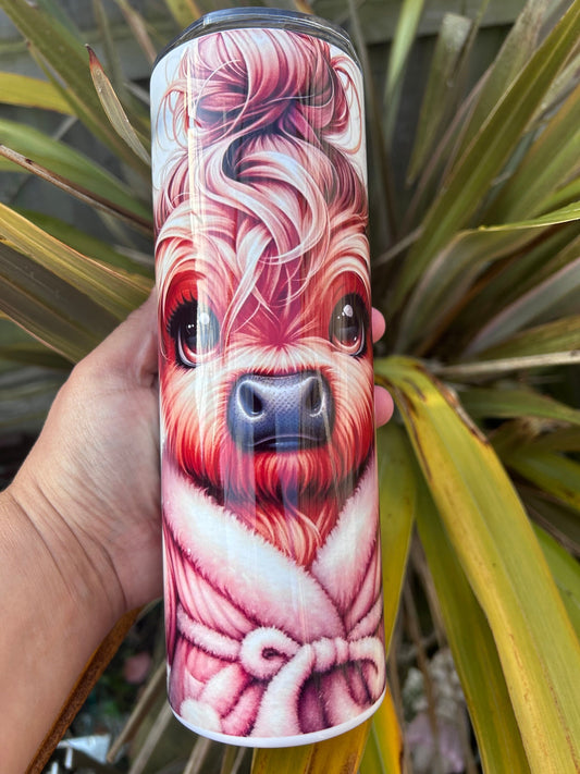 20oz Messy Bun Highland Cow   tumbler and straw