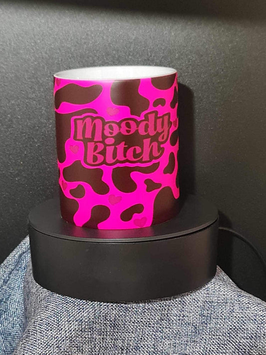 11oz moody cow print bright pink mug