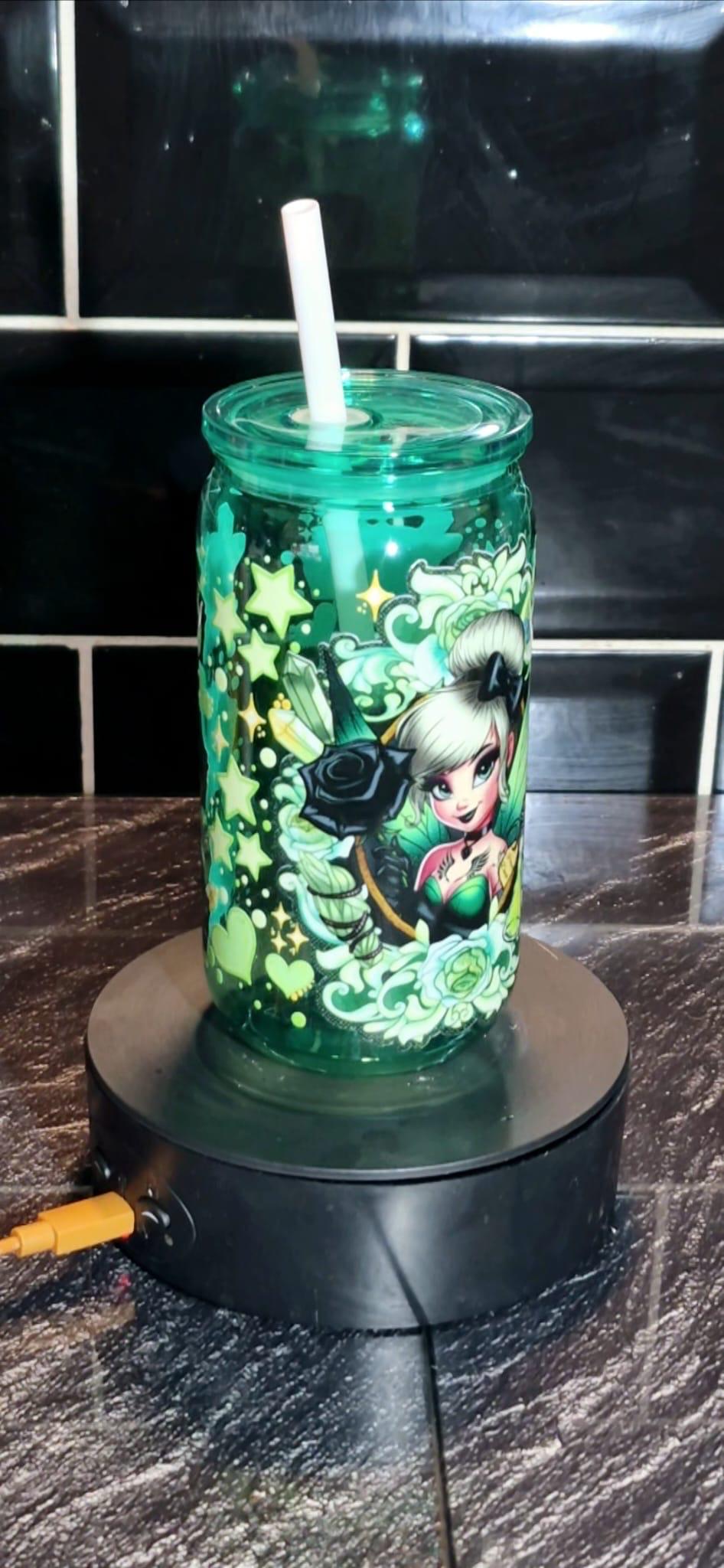 Green Acrylic fairy  Libby can and straw
