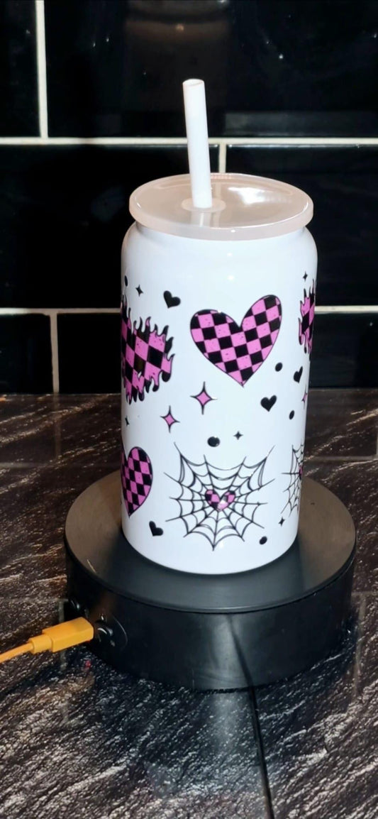 White checkerboard love heart glass  Libby can and straw