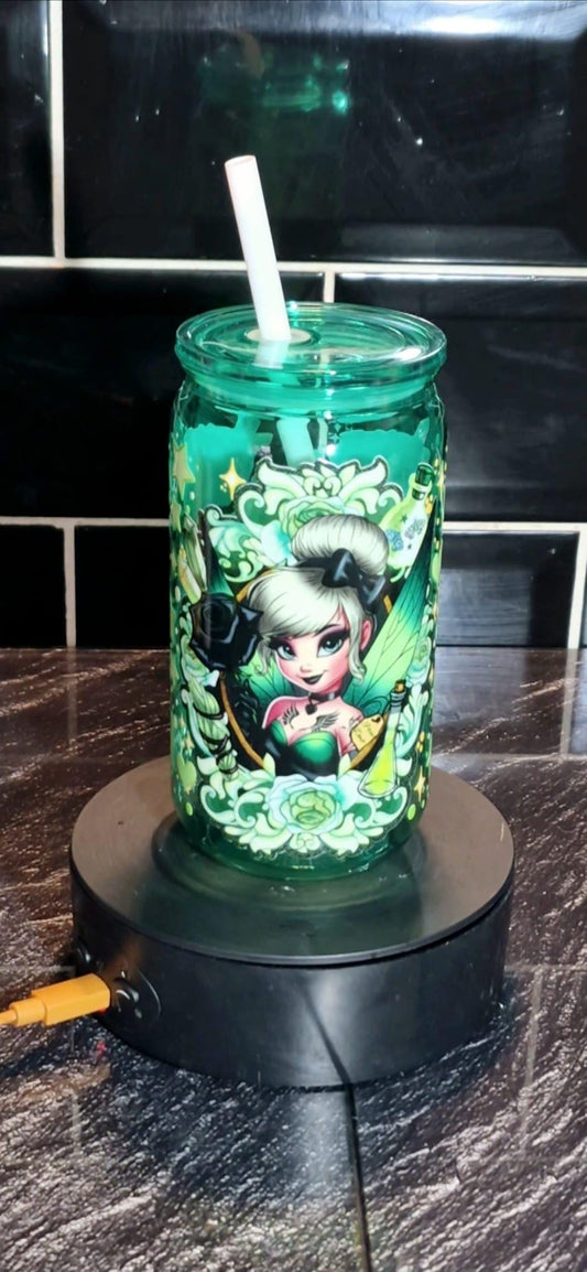 Green Acrylic fairy  Libby can and straw