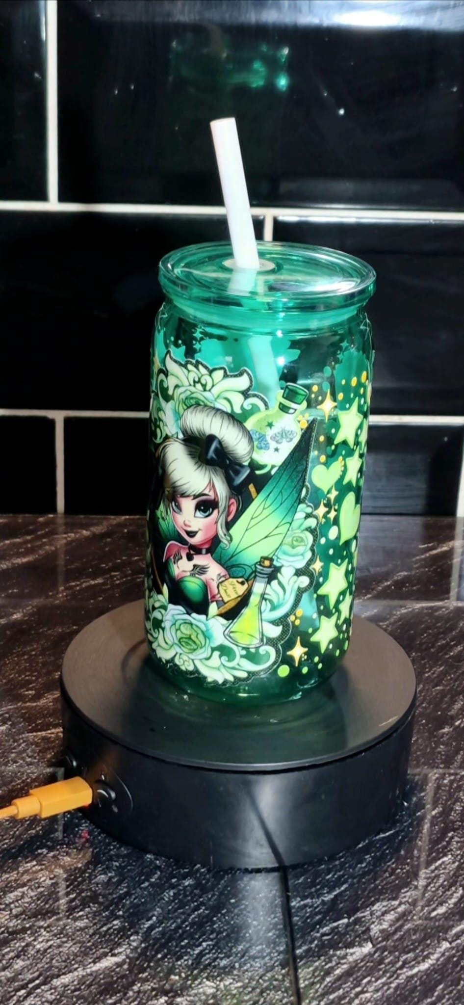 Green Acrylic fairy  Libby can and straw
