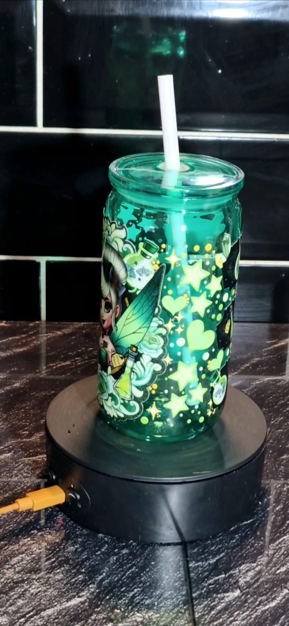 Green Acrylic fairy  Libby can and straw