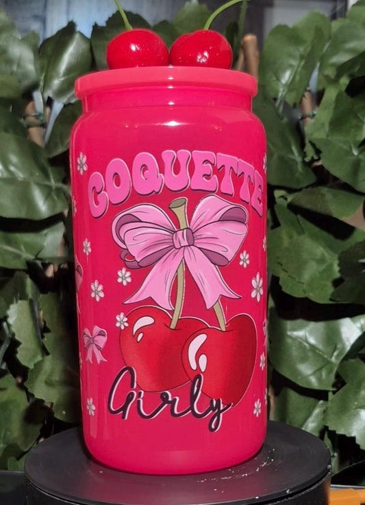 Bright Pink glass cherrys & bows coquette girly Libby can and straw