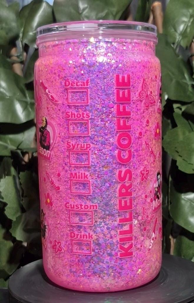 Pink glitter scream, ghost face snowglobe  can and straw