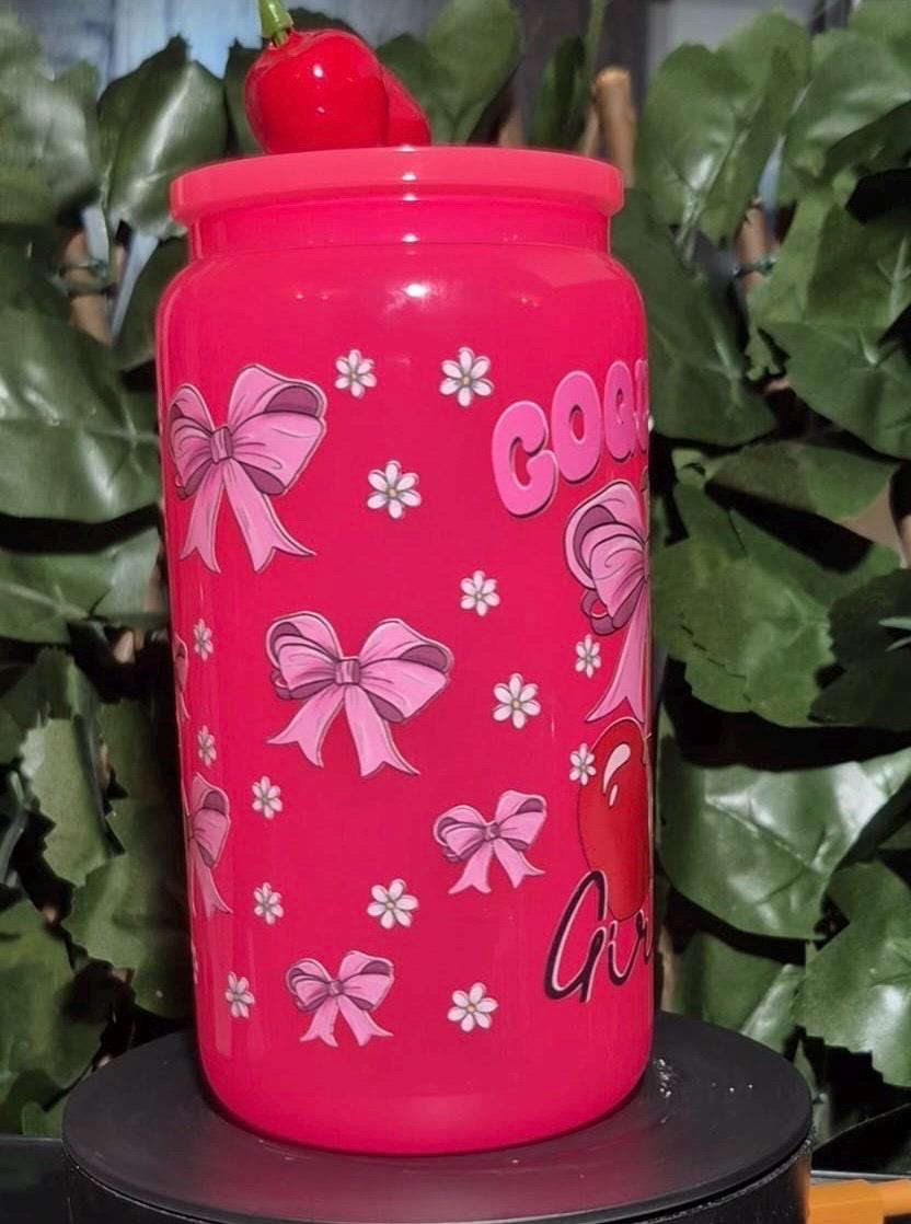 Bright Pink glass cherrys & bows coquette girly Libby can and straw