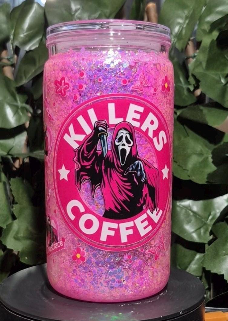 Pink glitter scream, ghost face snowglobe  can and straw