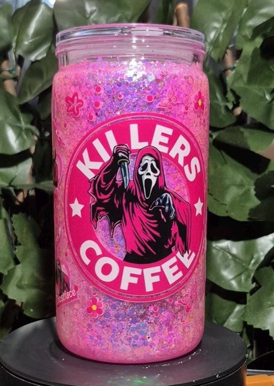 Pink glitter scream, ghost face snowglobe  can and straw