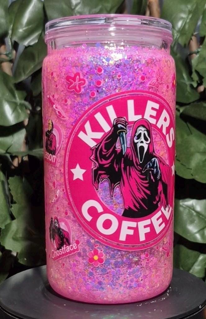 Pink glitter scream, ghost face snowglobe  can and straw