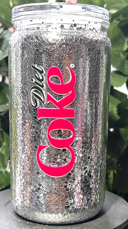 Diet Coke snowglobe silver glitter Libby can and straw